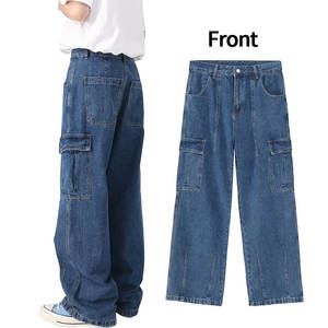 بنطلون جينز رجالي مخصص من المصنع، فضفاض بقصة مستقيمة وخصر متوسط، مغسول بحمض، كاجوال بجيوب كارغو - Product Image 4