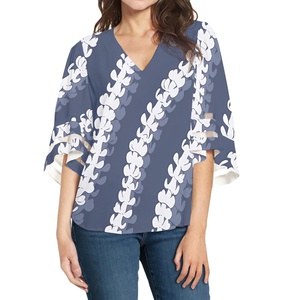 Áo kiểu nữ Samoa Mỹ mùa hè 2025 họa tiết hoa dâm bụt Polynesia tay ba phần chất liệu chiffon đỏ kiểu dáng thanh lịch, size lớn - Product Image 5