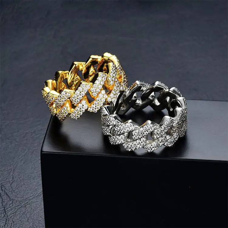 Vente chaude bijoux fins plaqué or 18 carats 925 argent Sterling Hip Hop glacé Vvs Moissanite diamant cubain lien anneau