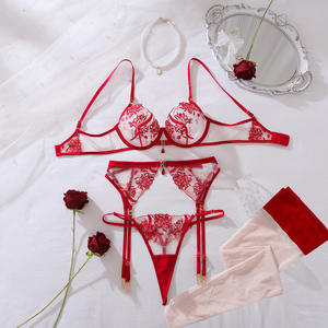 Conjunto de Lencería de Encaje Tejido Rojo para el Día de San Valentín para Mujer, Spandex/Poliéster, Bordado 3D, Copas Extraíbles, Medias Transparentes, 4 Piezas - Product Image 4