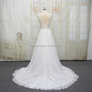<span class=keywords><strong>Vestidos</strong></span> de novia modernos de una línea de gasa hermosa <span class=keywords><strong>playa</strong></span> con encaje hasta el suelo tren capilla - Product Image 4