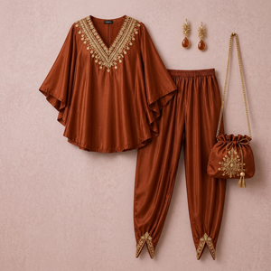 Conjunto de chal floral de algodón y gasa bordado tradicional para mujer, estilo indio y pakistaní, para uso diario informal, en tonos marrón y dorado, para todas las estaciones. - Product Image 1