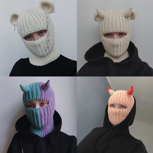 Fête d'Halloween d'hiver Chapeau de masque de <span class=keywords><strong>ski</strong></span> en corne de diable fait main <span class=keywords><strong>cagoule</strong></span> en tricot avec cornes - Product Image 4