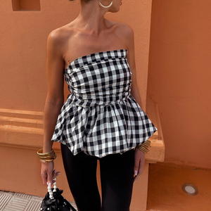 Chemise <span class=keywords><strong>bandeau</strong></span> sans bretelles à volants en vichy rose pour femmes, chemisier d'été à carreaux pour pique-nique et fête - Product Image 6