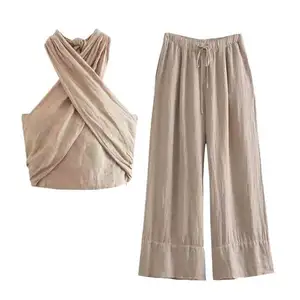 Streetwear Khaki Linen Suits Women Sleeveless Halter Sexy Crop Tops Women+High Waist Wide Leg Pants Fashion 2024 Sets