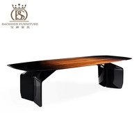 Mesa de Comedor de Alta Gama con Cubierta de Madera y Mármol de Alto Brillo y Sillón de Cuero Genuino para 6 u 8 Personas, para Comedor de Villa de Lujo u Hotel