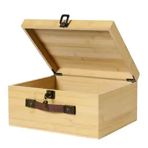 Large Bamboo Wooden Gift Box Craft Supplies Wood 10x9 Art Wooden Boxes With Lock Keys Hinged Lid Pu Leather Handles Lidded