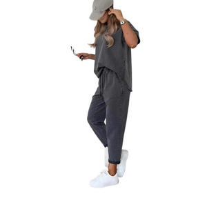 Conjunto de 2 piezas casual para <span class=keywords><strong>mujer</strong></span>, novedad 2025, de comercio exterior transfronterizo AliExpress europeo y americano, de color liso, manga corta y pantalón corto. - Product Image 4