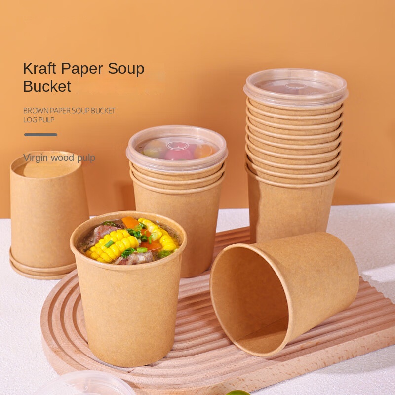 Kraft Paper Double Wall Disposable Porridge/Sushi Barrel/Cup Printed Logo Customizable Commercial Take-out Breakfast Packaging
