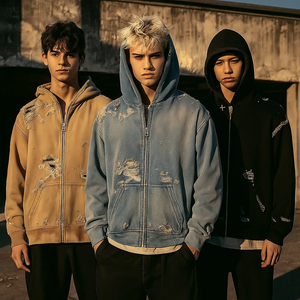 Tùy Chỉnh 100% Bông 450gsm Heavyweight Quá Khổ Rửa Axit Đau Khổ Faded Áo Với Zip Nước Mắt Cổ Điển Rửa Phong Cách Kích Thước 8xl - Product Image 2