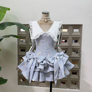 <span class=keywords><strong>Nuevo</strong></span> Vestido de Verano con Lazo en la Solapa para Mujer, Falda Corta a Rayas con Volantes, Ajustada y Rejuvenecedora - Product Image 1