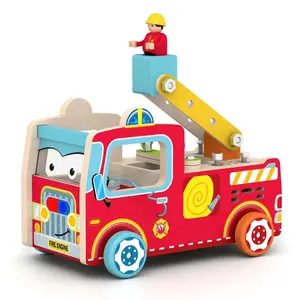 Children Wooden Vehicle Toy LED Light Switch Wooden Fire Truck with Sound and Light Screws and Nuts Kids Educational Wooden Toys