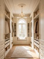 Armoire de luxe sur mesure en bois massif de style français vintage avec portes sculptées dorées, dressing intégré pleine hauteur pour chambre à coucher