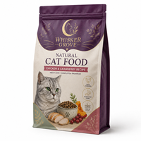 Sachet à fond plat violet personnalisé avec estampage à chaud doré, pochette zippée laminée de qualité alimentaire pour emballage de poulet, canneberges et nourriture pour chats