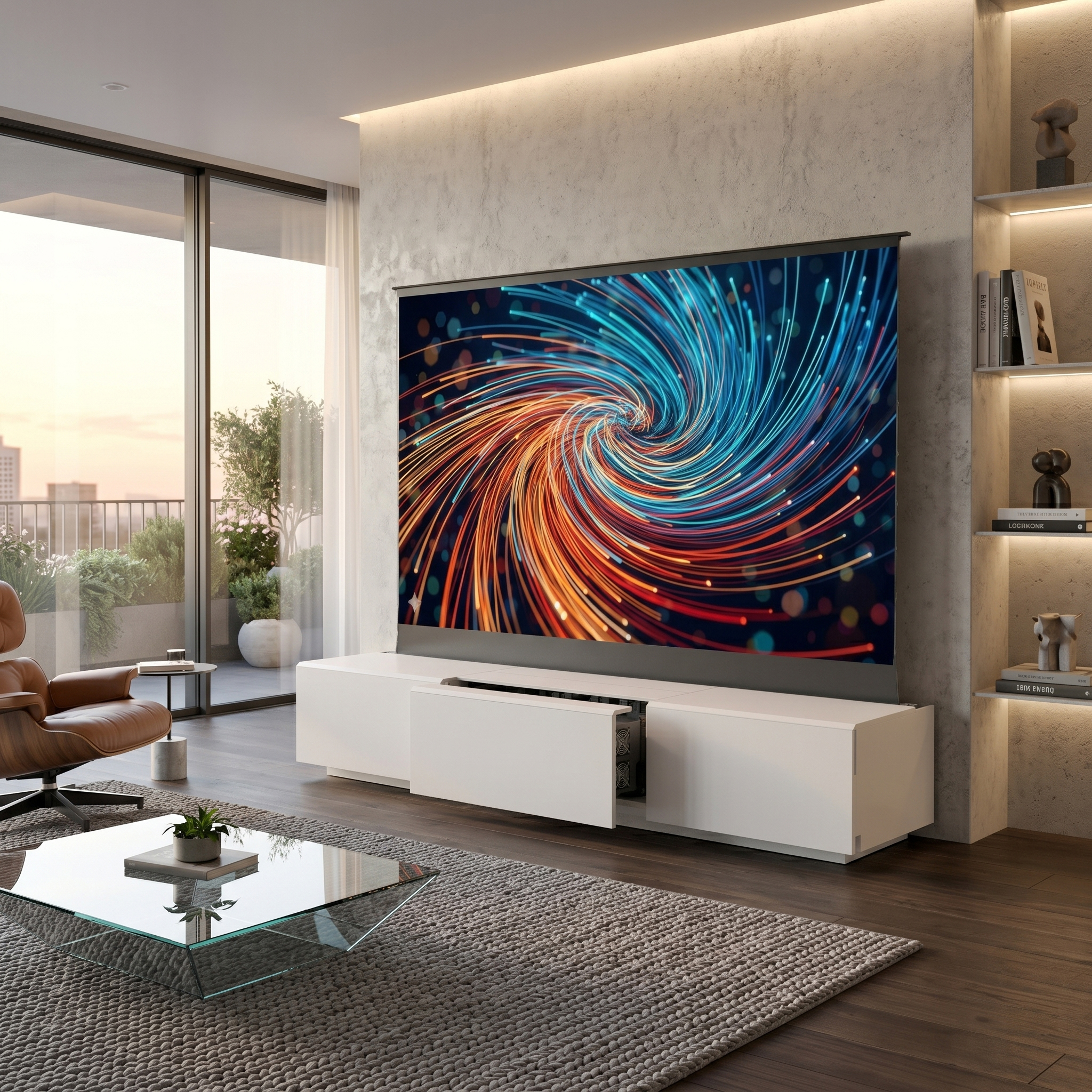 PerfecTisan <strong>100</strong> <strong>Inch</strong> White Ultra Short Throw Laser <strong>TV</strong> Cabinet CBSP UST Floor-rising Screen WithSamsung <strong>Projector</strong>