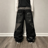 MZN Jeans Baggy Homme Noir Délavé à Motif Léopard Patchwork Coupe Large Streetwear