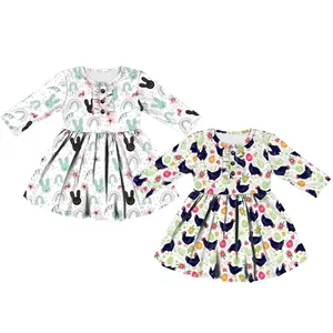 BQ-386-YXL Easter Toddler Bunny Print Dresses Long Sleeve Front Ruffle Unique Elegant Infant Girls Clothes