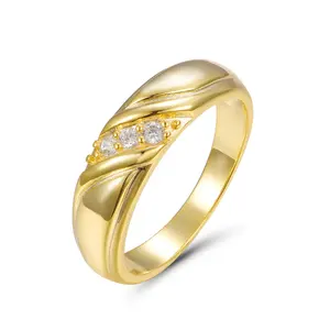 Diagonal Indent Trilogy Brilliant Diamonds CZ 14K Gold Plated 925 Rings Mens 14K Jewelry Sterling Silver