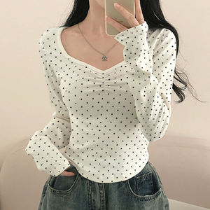 Camiseta de manga larga con bloques de color y lunares para mujer, cuello en V, plisada, ajustada, informal, básica - Product Image 2