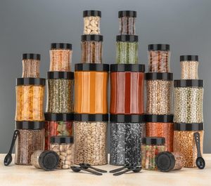 Ensemble de rangement de cuisine modulaire de 20 pièces, bocaux en plastique transparent incurvés, couvercles à clipser, cuillère, récipients compatibles lave-vaisselle - Product Image 3