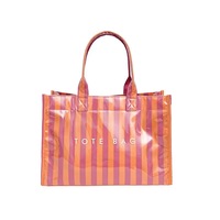 Tas Tote Wanita Kanvas Warna-warni, Ringan, Kapasitas Besar, Dua Tali, Cocok untuk Perjalanan, Bahan PVC Bergaris, Harga Terjangkau