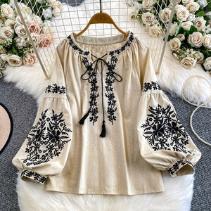 Chemisier <span class=keywords><strong>Femme</strong></span> Brodé <span class=keywords><strong>Style</strong></span> <span class=keywords><strong>Bohème</strong></span> Col Rond Manches Lanterne à Lacets – Nouvelle Collection Automne - Product Image 2