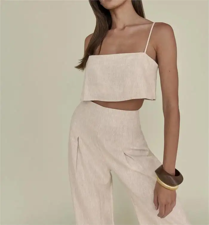 ผู้หญิงฤดูร้อนผ้าลินินสีขาว 2 ชิ้นชุดแฟชั่นเสื้อแขนกุดใหม่ในการจับคู่เอวสูงกางเกงกว้างชุด