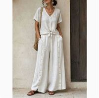 Ensemble en coton et lin uni de style européen et américain, haut ample à manches courtes et col en V, pantalon large à taille haute