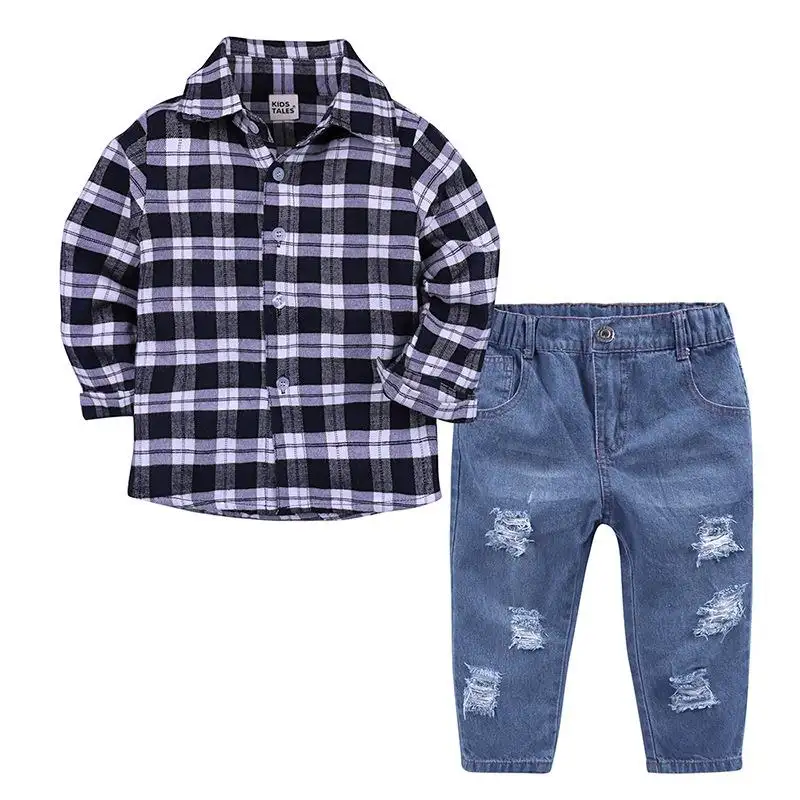 Musim Semi Musim Gugur Anak-anak Pria Pakaian Anak Laki-laki Lengan Panjang Kotak-kotak Kemeja Denim Robek Jeans Anak Pakaian Set