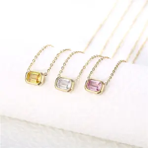 MICCI Grosir Minimalis Bebas Noda Tahan Air Perhiasan Pink Putih Persegi Kristal Batu Liontin 14K Berlapis Emas Kalung
