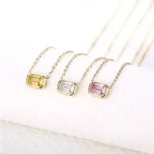 MICCI Wholesale Minimalist Non Tarnish Free Waterproof Jewelry Pink White Square Crystal Stone Pendant 14K Gold Plated Necklace