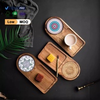 Plateau de service à café élégant en bois avec sous-verre décoratif en céramique, assiette individuelle pour desserts et collations pour café, restaurant, maison