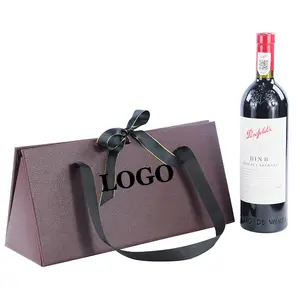 Yaratıcı üçgen PU deri taşınabilir katlanır ambalaj kutusu şarap şampanya çanta hediye şeritli kutular kolu
