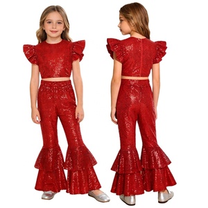 Conjunto de Dos Piezas con Lentejuelas para Niñas, Top Corto y Pantalones Acampanados con Mangas con Volantes, Cintura Alta, Disfraz para Espectáculos de Danza Infantiles, Personalizado - Product Image 2