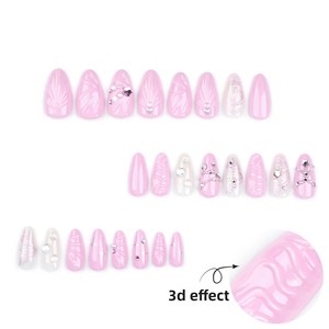 Ongles artificiels 3D rose sirène, forme amande, avec décorations étoiles, coquillages et strass, réutilisables, pour femmes - Product Image 3
