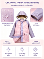 Imperméable pour filles bicolore rose en PU, veste à capuche résistante aux intempéries avec poches à bouton-pression, idéal pour les jeux en extérieur, logo personnalisé, OEM, vêtements d'extérieur