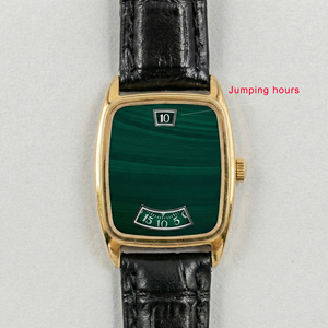 Reloj Mecánico Automático de Lujo con Hora Saltante, Caja Vintage Dorada Tipo Tonneau, Esfera Verde Malaquita, Correa de Cuero, Reloj de Pulsera para Hombre OEM - Product Image 2