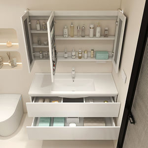 Meuble de salle de bain mural de luxe moderne avec miroir LED, grand rangement, vasque en MDF laqué, étanche, avec fermeture douce et lavabo en céramique - Product Image 5