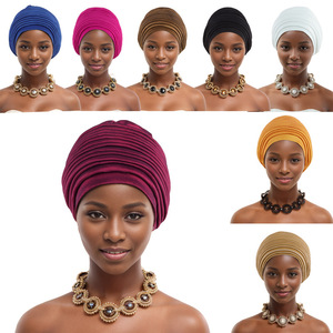 Turbante <span class=keywords><strong>de</strong></span> poliéster étnico africano para <span class=keywords><strong>mujer</strong></span>, 8 colores, sombrero indio plisado multicapa, pañuelo para la cabeza, pañuelos - Product Image 1