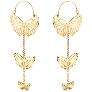 Evorte Fashion Stainless Steel Butterfly Ear Drop Dangle Hangers Ear Tunnels Chunky Long Earrings Gauges Women Piercing Jewelry