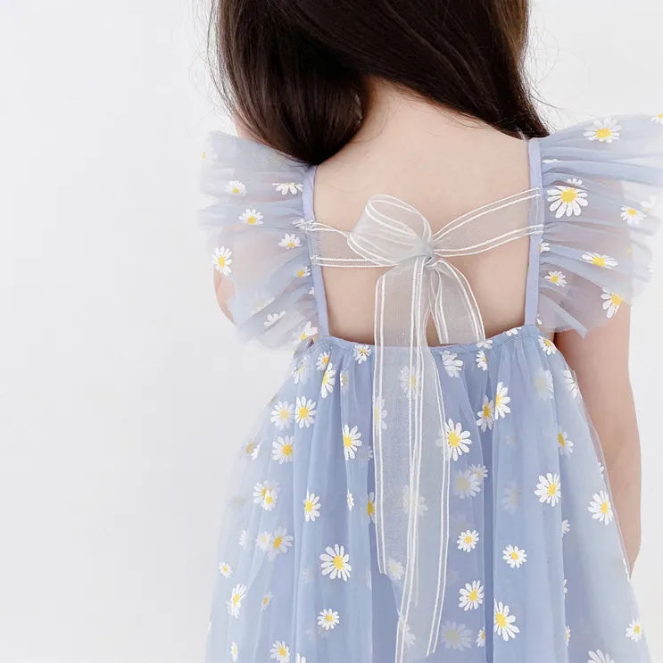 Girl Princess Dresses New Style Cute Design Summer Sling Ruffle Sleeve Floral Print Chiffon Dress For Baby Girl Princess