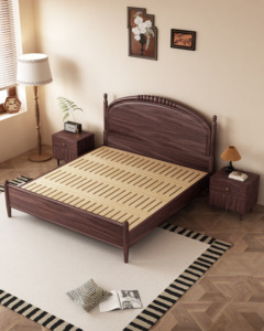 Solid Wood Double <b>Bed</b> Walnut French Curve <b>Headboard</b> Mid-Century Modern Bedroom Furniture <b>King</b>-<b>size</b> Zy888 Solid Oak Frame - Product Image 4