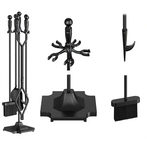 Wrought Iron Fireplace <b>Tool</b> Set with Stand 5 Piece Poker Tongs Shovel Brush Traditional Style Black Metal <b>Fire</b> <b>Tools</b> - Product Image 6