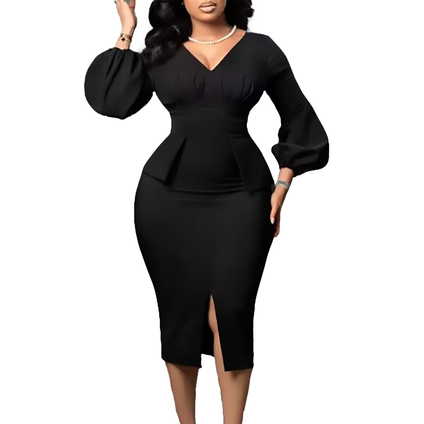 Plus Size Pencil Dress Women's Plus Size Plaid Puff Sleeve Pencil