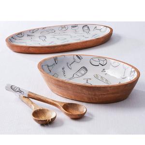 <b>Set</b> of Two OEM/ODM Solid Wood Grain Round Salad Bowls <b>Set</b> Sticker Enamel Printed Acacia <b>Wooden</b> <b>Food</b> Fruit Bowls - Product Image 1