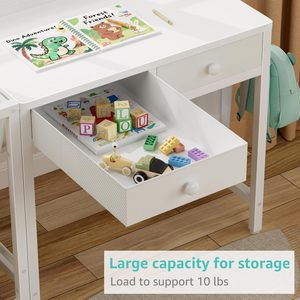 Ensemble <span class=keywords><strong>bureau</strong></span> et chaise blanc pour enfants, pour garçons et filles de <span class=keywords><strong>5</strong></span> à 8 <span class=keywords><strong>ans</strong></span>. Cette station d'étude pour enfants est équipée d'étagères à livres et de tiroirs en tissu. - Product Image 4