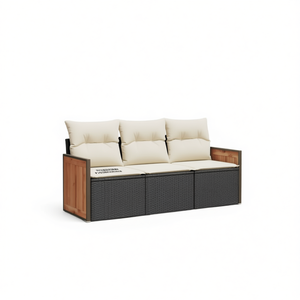 Canapé de jardin trois places, mobilier d'extérieur en rotin PE noir, coussins crème, design contemporain pour la décoration de patio - Product Image 1