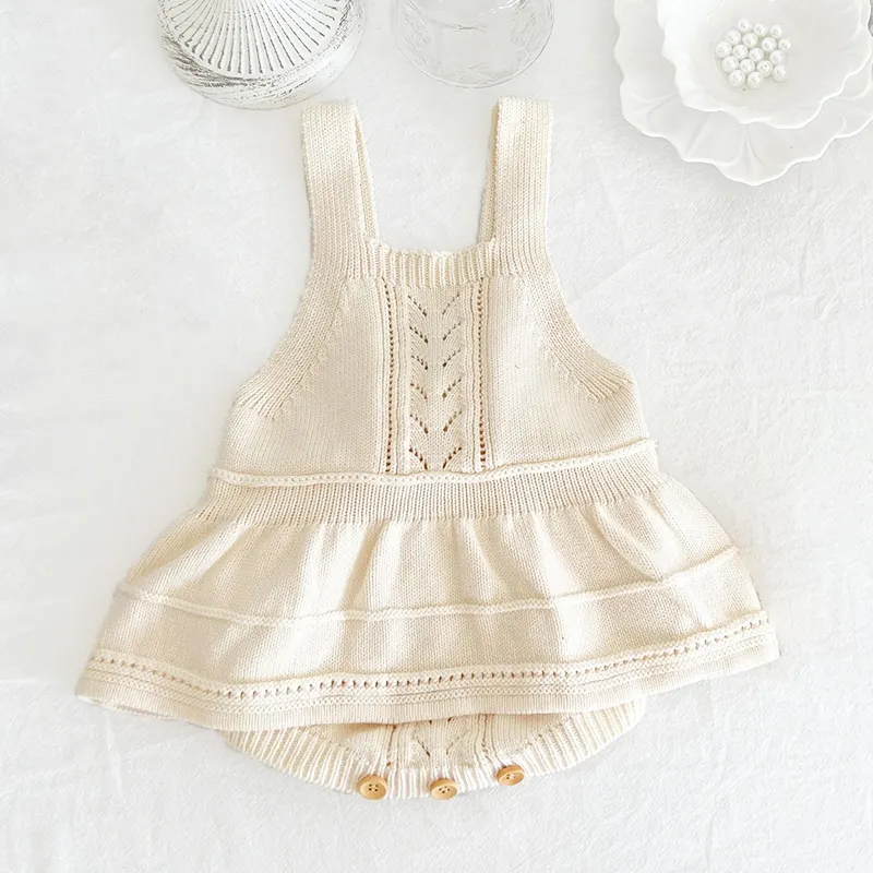 Paleo Baby Knitted Dress Square Neck Custom Kids Singlet Dress Cute Pointelle Knit Baby Girl Summer Romper Dresses
