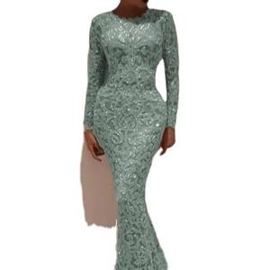 فستان سهرة فاخر Dq473 مزين بالدانتيل والخرز، فستان حفلات طويل بأكمام طويلة من الساتان - Product Image 5