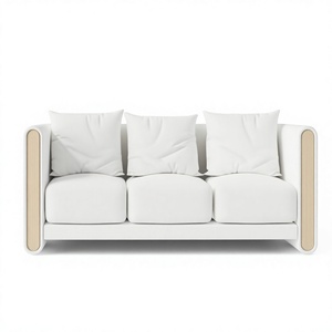 Canapé trois places minimaliste avec revêtement en tissu et accoudoirs en bois pour salon - Product Image 1